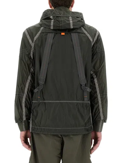 Parajumpers Edge Green Jacket With Logo Patch On The Sleeve And Shoulder Straps On The Back In Tech Fabric Man In Military Green