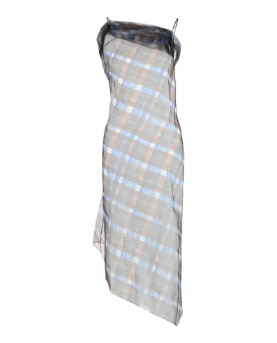 Ferragamo Organza Plaid-check Midi Dress In Multi