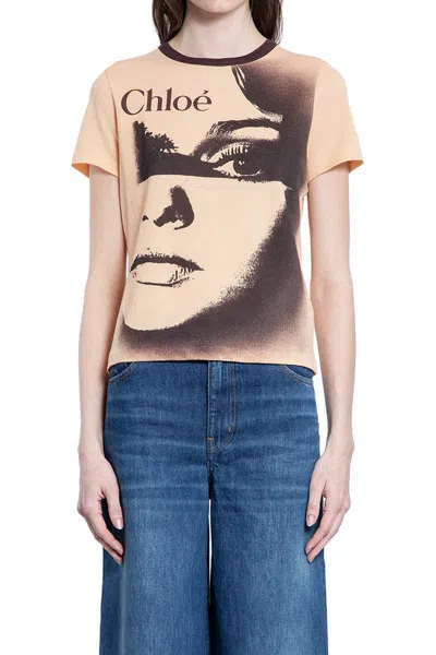 Chloé Multicolor Crewneck T-shirt With Maxi Graphic Print On The Front In Wool Blend Woman In Orange