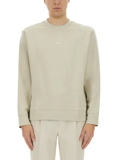 Shop Hugo Boss Boss Sweatshirt With Logo In Beige