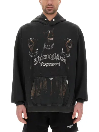 Represent Black Hoodie With Fixed Hood And Maxi Print On The Front In Cotton Man In Black