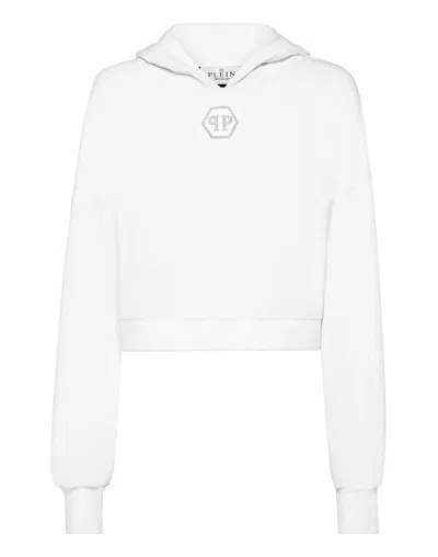 Philipp Plein Cropped Hoodie Sweatshirt Crystal Hexagon In White