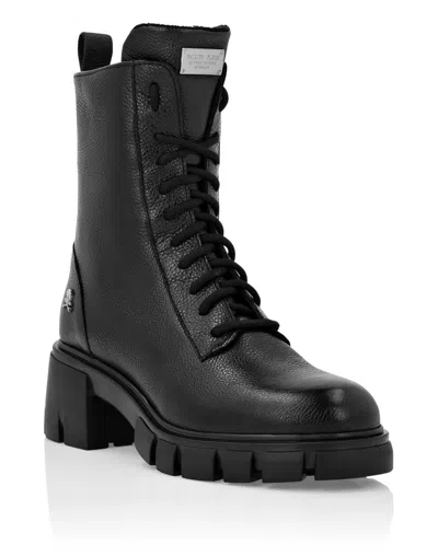 Philipp Plein Leather Low Flat Boots In Black