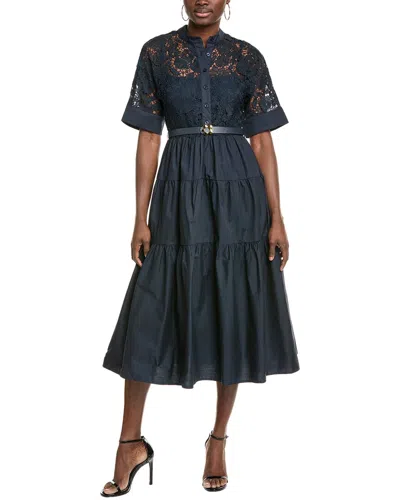 Gracia Button Front Buckle Belt Maxi Dress In Blue