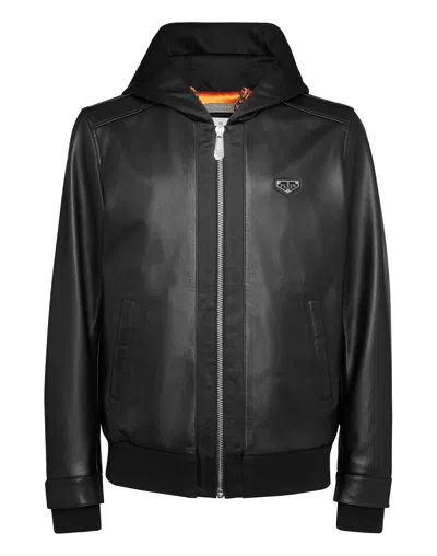 Philipp Plein Nappa Leather Hooded Bomber Jacket In Black