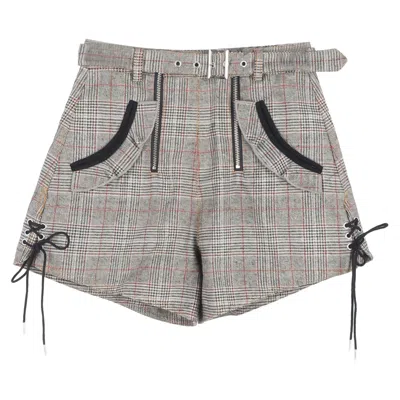 Self-portrait Plaid Belted Mini Shorts In Grey Wool In Grey