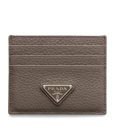 Prada Leather Triangle Card Holder In Grey