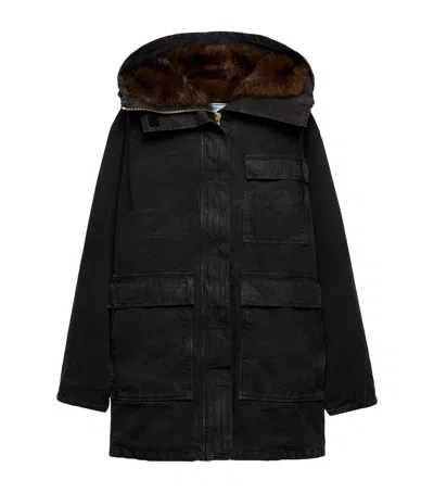 Prada Canvas Shearling-hood Coat In Black