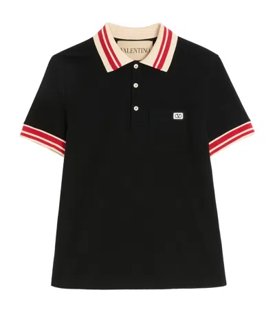 Valentino Cotton Piqué Polo Shirt With Vlogo Patch In Black
