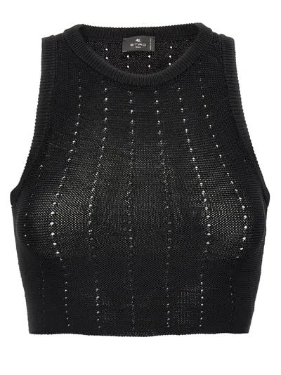 Etro Black Crop Top With Knitted Design And Openwork Detail
