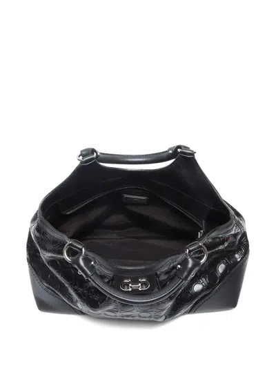 Pre-owned Ferragamo 2000-2020 Gancini Patent Leather Tote Bag In Black