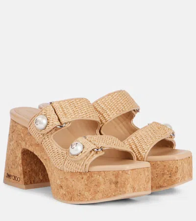 Jimmy Choo Fayence 95 Raffia Dual-strap Platform Sandals In Neutrals
