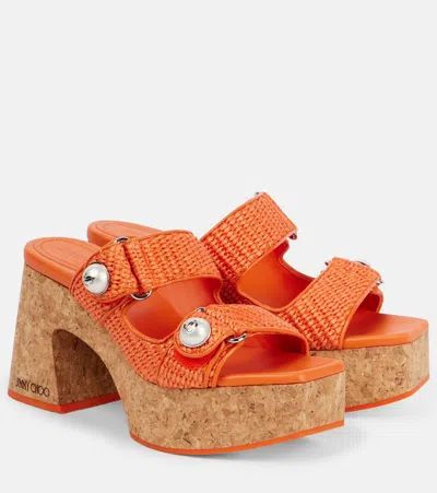 Jimmy Choo Fayence 95 Raffia Platform Mules In Orange