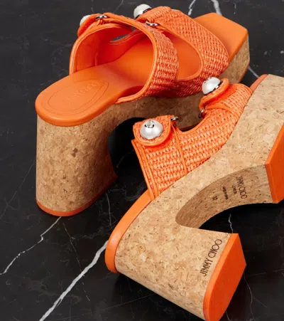 Jimmy Choo Fayence 95 Raffia Platform Mules In Orange