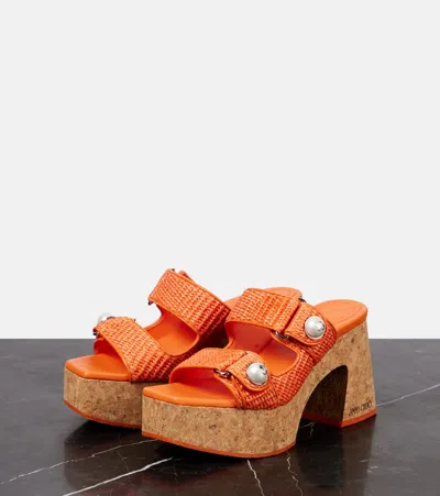 Jimmy Choo Fayence 95 Raffia Platform Mules In Orange