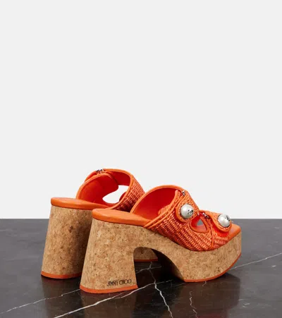 Jimmy Choo Fayence 95 Raffia Platform Mules In Orange