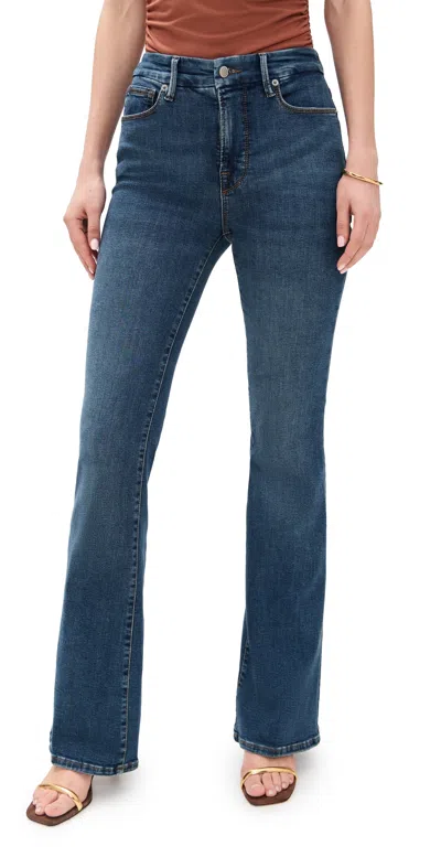 Good American Good Legs Flare With Deep V & Trouser Hem Jeans In Indigo616 In Blue