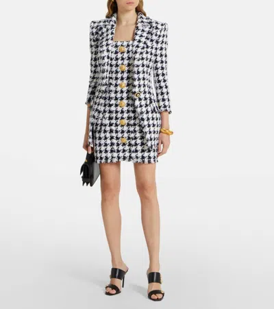 Balmain Long Tweed Houndstooth Blazer In Black