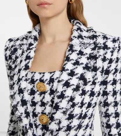 Balmain Long Tweed Houndstooth Blazer In Black