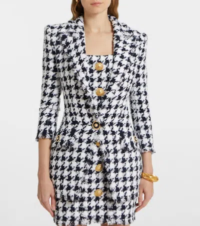 Balmain Long Tweed Houndstooth Blazer In Black