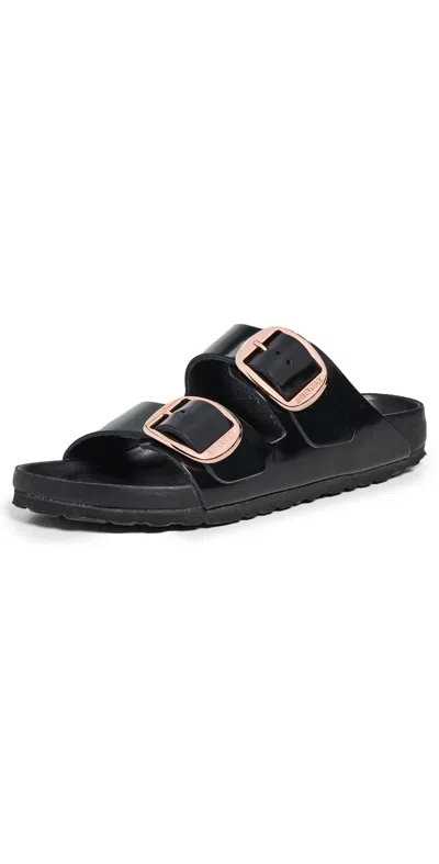 Birkenstock Arizona Big Buckle Slide In Shiny Leather In High Shine Black