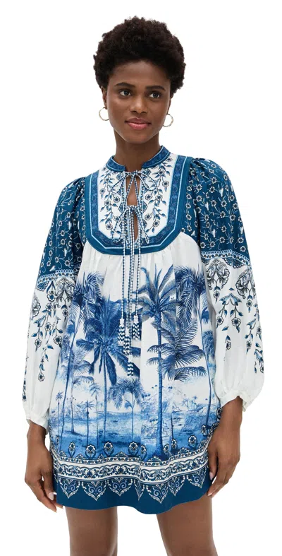 Farm Rio Off-white Palm Tree Beach Mini Dress In Palm Tree Beach Off-white