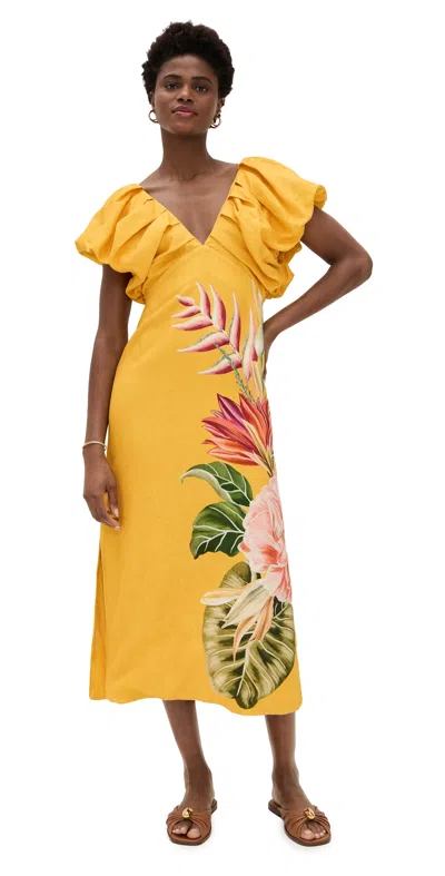 Farm Rio Off-white Spring Awakening Euroflax Premium Linen Midi Dress In Spring Awakening Off-white