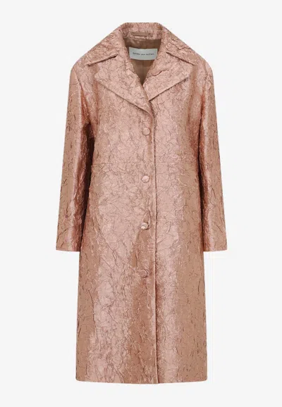 Dries Van Noten Crinkle Effect Single Breasted Coat In Pink