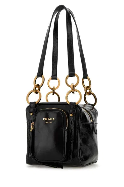 Prada Re-nylon And Leather Medium Top-handle Bag With Padlock In Black