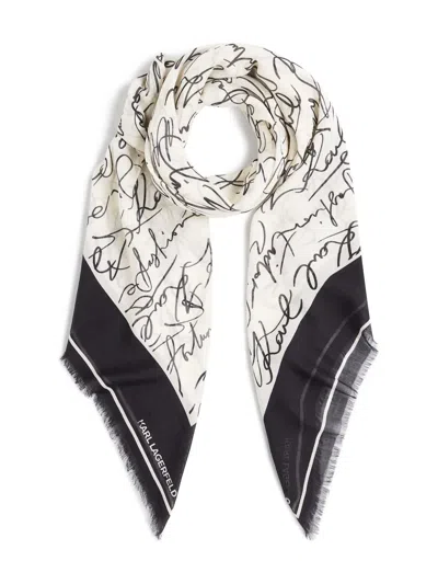Karl Lagerfeld Cream Scribble Logo Scarf In Black