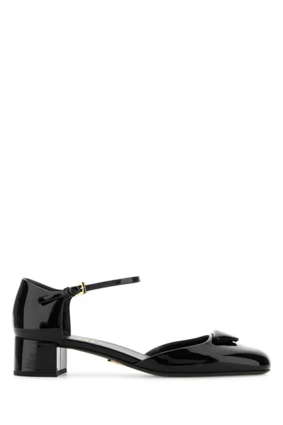 Prada Leather Block Heel Pumps With Patent Finish In Black