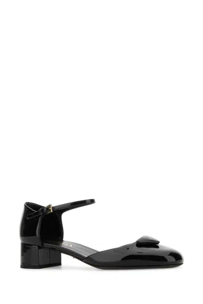 Prada Leather Block Heel Pumps With Patent Finish In Black