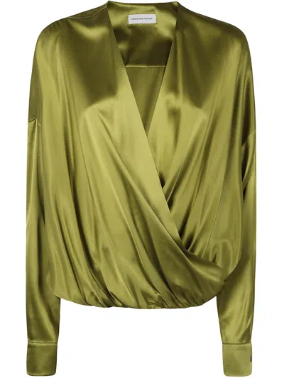 Dries Van Noten Draped Silk-blend Satin Blouse In Green