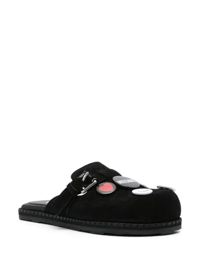 Moschino Buckle Detail Sandals With Embellished Flat Sole In Black