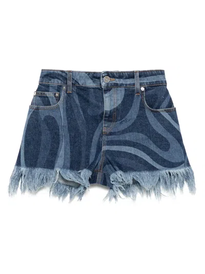Pucci Marno Frayed Printed Denim Shorts In Blue