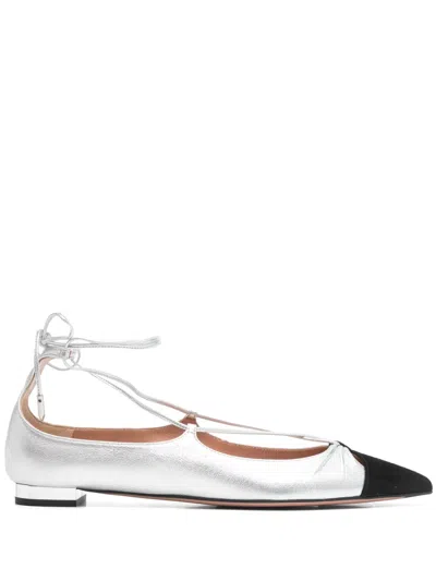 Aquazzura Gabi Lace-up Metallic Leather Point-toe Flats In Silver