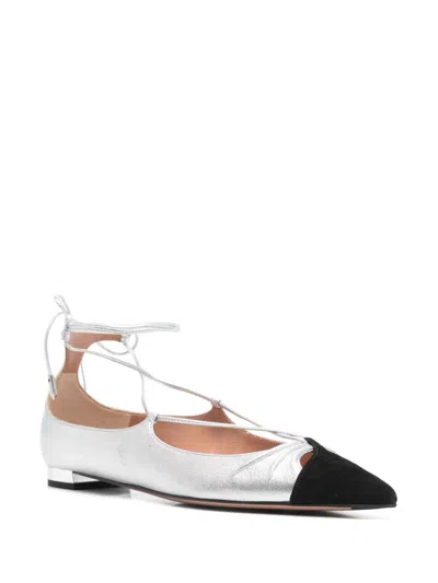 Aquazzura Gabi Lace-up Metallic Leather Point-toe Flats In Silver