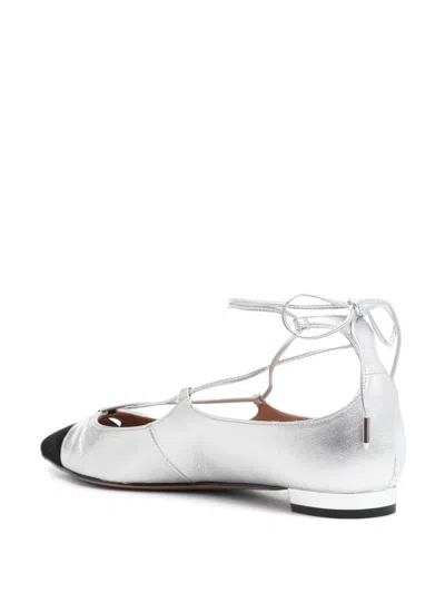 Aquazzura Gabi Lace-up Metallic Leather Point-toe Flats In Silver
