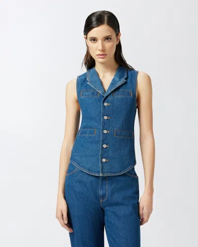 Pinko Tailored Blue Denim Gilet With Notched Lapel In Rinse Wash