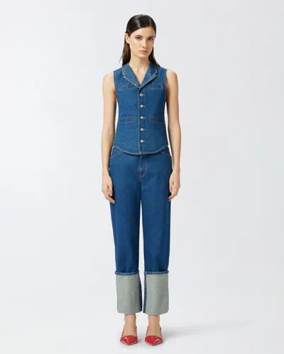 Pinko Tailored Blue Denim Gilet With Notched Lapel In Rinse Wash