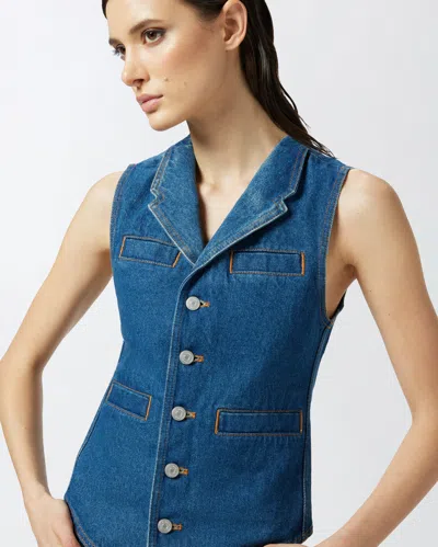 Pinko Tailored Blue Denim Gilet With Notched Lapel In Rinse Wash