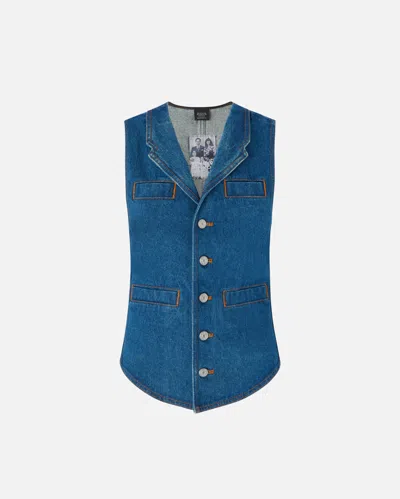 Pinko Tailored Blue Denim Gilet With Notched Lapel In Rinse Wash