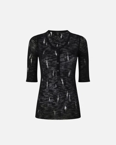 Pinko T-shirt Côtelé Léger Déchiré À Col Tunisien In Limo Black
