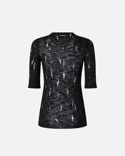 Pinko T-shirt Côtelé Léger Déchiré À Col Tunisien In Limo Black