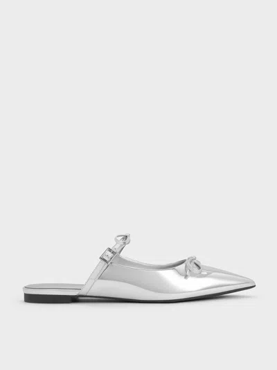 Charles & Keith - Metallic Double-bow Pointed-toe Mules In Silver