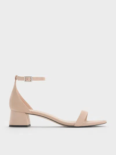 Charles & Keith - Faux Suede Block-heel Ankle-strap Sandals In Nude