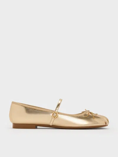 Charles & Keith - Emiko Metallic Bow Mary Jane Flats In Light Gold