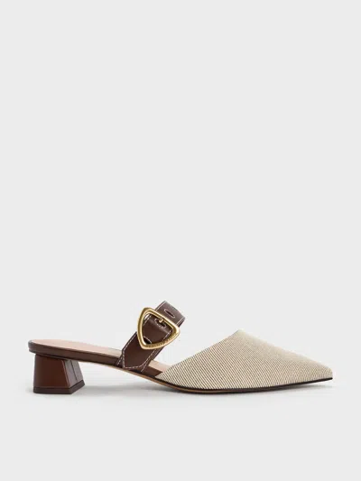 Charles & Keith - Sepphe Twill Metallic Buckle Pointed-toe Heeled Mules In Brown