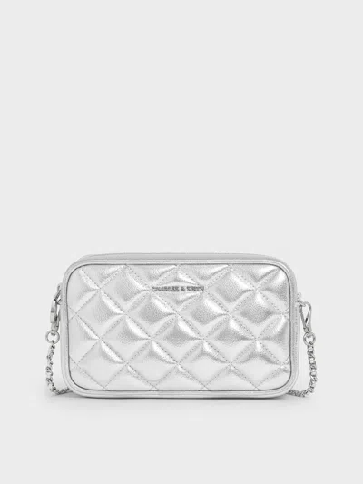 Charles & Keith - Mini Apfra Quilted Crossbody Bag In Silver