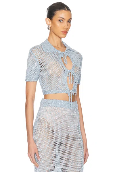 Area Sequin Crochet Short Sleeved Cardigan In Light Blue